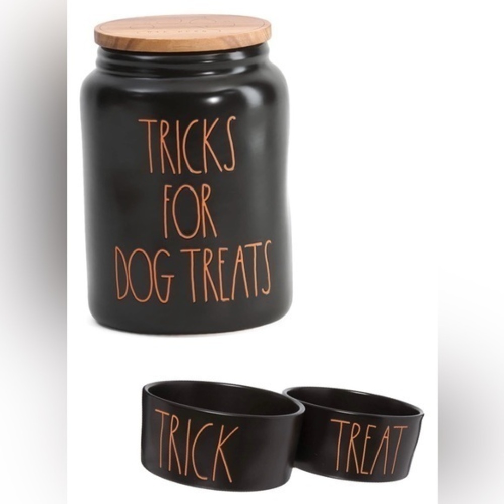 Rae Dunn Halloween “Tricks for Dog Treats” Jar & Trick/Treat Bowl Set – Black